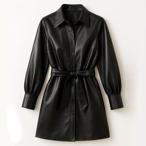 Zara Black Faux Leather Midi Dress | Smocked Bodice + A-Line Skirt | Edgy Chic